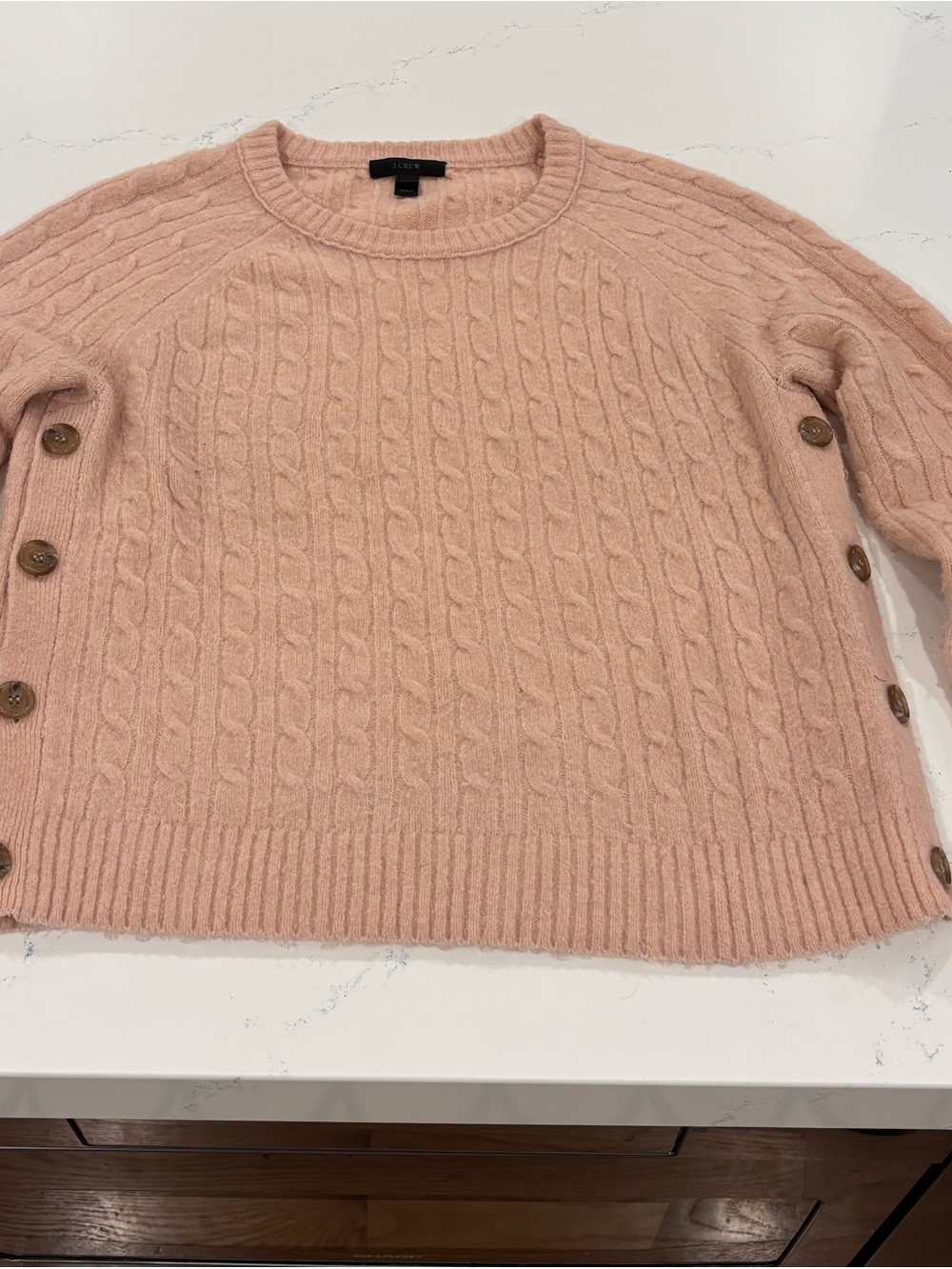 J. Crew Cable-Knit Button-Side Crewneck Sweater - Blush